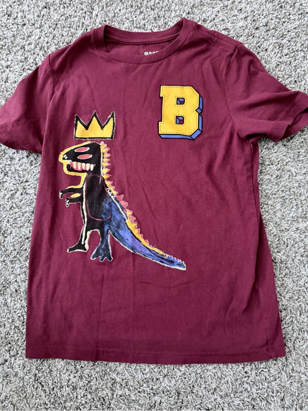 Old Navy Burgundy Short Sleeve Tee with Dino and Yellow 'B' Patch